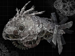 Rule 34 | fish, grid background, mechanical, monochrome, non-humanoid robot, original, robot, robot animal, robot fish, science fiction, tagme