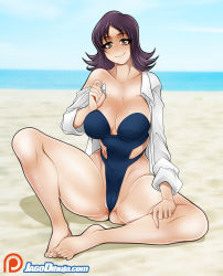 Rule 34 | 1girl, absurdres, alternate breast size, artist name, ass, bare legs, barefoot, beach, blue one-piece swimsuit, breasts, brown eyes, cameltoe, cleavage, creatures (company), game freak, highleg, highleg swimsuit, highres, huge ass, jago dibuja, lab coat, large breasts, lips, looking at viewer, nintendo, ocean, one-piece swimsuit, philena ivy, pokemon, pokemon (anime), pokemon (classic anime), purple hair, shiny skin, simple background, sitting, smile, solo, strapless, strapless one-piece swimsuit, swimsuit, water, wide hips
