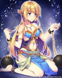 Rule 34 | 1girl, ankle cuffs, anklet, ball and chain restraint, bare shoulders, barefoot, beads, blonde hair, blue eyes, breasts, chain, cleavage, clothing cutout, collarbone, earrings, gem, highres, metal ball, jewelry, lost crusade, momore (peaches), navel, navel cutout, pointy ears, blue gemstone, sitting, solo, square enix, wariza