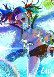 Rule 34 | 1girl, :d, absurdres, afloat, artist name, bike shorts, bikini, black hair, black shorts, blue hair, breasts, breasts apart, commentary request, closed eyes, fate/grand order, fate (series), headphones, headphones around neck, highres, jacket, long hair, lying, multicolored hair, open mouth, red hair, sei shounagon (fate), sei shounagon (swimsuit berserker) (fate), shorts, smile, solo, swimsuit, thigh strap, twintails, twitter username, water, white bikini, white jacket, zap