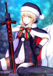 Rule 34 | 1girl, artoria pendragon (all), artoria pendragon (fate), black footwear, blonde hair, boots, brown thighhighs, cape, excalibur (fate/stay night), excalibur morgan (fate), fate/grand order, fate/stay night, fate (series), fur trim, hat, highres, kouzuki tsubasa (musou kaidou), looking at viewer, open mouth, pantyhose, saber (fate), saber alter, santa alter, santa hat, shiny clothes, sitting, snow, solo, sword, thigh boots, thighhighs, weapon, yellow eyes