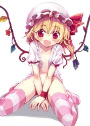 Rule 34 | 1girl, blonde hair, blush, convenient censoring, dutch angle, flandre scarlet, food, fruit, grapes, hat, hat ribbon, jpeg artifacts, leaf, minamura haruki, mob cap, no bra, no panties, open clothes, open mouth, open shirt, puffy sleeves, red eyes, ribbon, shirt, short sleeves, side ponytail, simple background, sitting, smile, solo, striped clothes, striped thighhighs, thighhighs, touhou, white background, wings, wrist cuffs