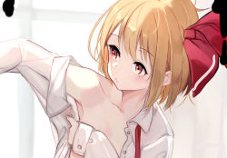 Rule 34 | 1girl, armpits, blonde hair, closed mouth, collared shirt, flat chest, hair ribbon, long sleeves, lumo 1121, necktie, open clothes, open shirt, red eyes, red necktie, red ribbon, ribbon, rumia, shirt, short hair, solo, touhou, undressing, upper body, white shirt, wing collar