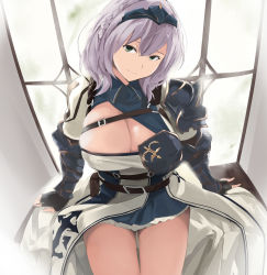 Rule 34 | 1girl, armor, bad id, bad pixiv id, black armor, blue collar, braid, breasts, cafekun, cleavage, collar, gloves, gold trim, green eyes, grey hair, highres, hololive, large breasts, miniskirt, partially fingerless gloves, shirogane noel, shirogane noel (1st costume), sitting, skirt, smile, solo, tiara, virtual youtuber, window, windowsill, wrist guards