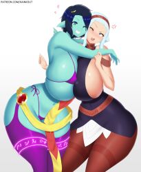 Rule 34 | 2girls, anger vein, animal ears, be witches, bikini, blue skin, blush, breast press, breasts, colored skin, covered erect nipples, covered navel, curvy, female focus, fins, gigantic breasts, green eyes, heart, highres, hug, huge breasts, kainkout, multiple girls, navel, one eye closed, short hair, sideboob, skindentation, swimsuit, symmetrical docking, thick thighs, thighhighs, thighs, vuu (be witches), white hair, wide hips