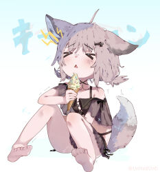 Rule 34 | &gt; &lt;, 1girl, ahoge, animal ears, arknights, barefoot, between legs, bikini, black bikini, blue background, brain freeze, feet, food, fox ears, fox girl, fox tail, gradient background, grey hair, hair ornament, hairclip, hand between legs, highres, ice cream, lightning bolt symbol, low twintails, off-shoulder bikini, off shoulder, official alternate costume, pigeon-toed, short hair, short twintails, sitting, solo, sound effects, sussurro (arknights), sussurro (summer flower) (arknights), swimsuit, tail, triangle mouth, twintails, unitedunti, white background