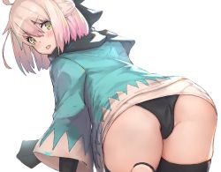 Rule 34 | 1girl, ahoge, asarokuji, ass, bad id, bad twitter id, bent over, black panties, black thighhighs, blush, fate/grand order, fate (series), from behind, green eyes, half updo, japanese clothes, koha-ace, looking at viewer, looking back, okita souji (fate), okita souji (koha-ace), open mouth, panties, pantylines, pink hair, scarf, shinsengumi, short hair, skindentation, solo, thighhighs, thighs, underwear, upskirt