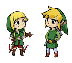 Rule 34 | 1boy, 1girl, blonde hair, boots, gloves, hand on own hip, hands on own hips, hyrule warriors, leather, leather boots, leather gloves, link, linkle, long hair, nintendo, official style, pointy ears, raised eyebrow, russell dels, smile, sword, the legend of zelda, the legend of zelda: the wind waker, thigh boots, thighhighs, toon link, weapon