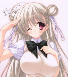 Rule 34 | 1girl, ;), absurdres, blush, breasts, double bun, covered erect nipples, hair ribbon, highres, impossible clothes, impossible vest, large breasts, long hair, munyuu, one eye closed, purple eyes, ribbon, salute, silver hair, smile, solo, vest, wink