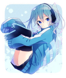 Rule 34 | 1girl, bad id, bad pixiv id, black thighhighs, blue eyes, blue hair, blue theme, ene (kagerou project), from side, full body, headphones, highres, kagerou project, long hair, miniskirt, nako (inamenaihane), outside border, skirt, solo, thighhighs, twintails