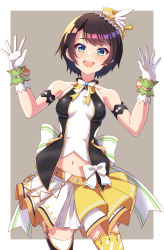 Rule 34 | 1girl, armband, bare shoulders, black thighhighs, brown background, brown hair, cowboy shot, gloves, hands up, hat, highres, hololive, kaimuu (fahrenheit724), midriff, mini hat, official alternate costume, oozora subaru, open mouth, outside border, pleated skirt, short hair, skirt, smile, solo, thighhighs, virtual youtuber, white gloves, white skirt, wristband, yellow skirt