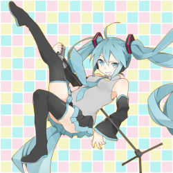 Rule 34 | 1girl, akatsuki (hinaoto), aqua eyes, aqua hair, bad id, bad pixiv id, detached sleeves, grin, hatsune miku, legs, long hair, looking at viewer, microphone, microphone stand, necktie, skirt, smile, solo, thighhighs, thighs, twintails, very long hair, vocaloid, zettai ryouiki