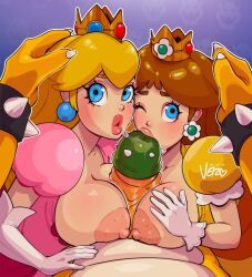 Rule 34 | 1boy, 2girls, after kiss, artist name, blonde hair, blue eyes, bowser, bowser logo, bracelet, breast press, breast rest, breasts, breasts out, brown hair, claws, cooperative fellatio, cooperative paizuri, crown, dress, earrings, elbow gloves, erection, eyelashes, eyeshadow, fellatio, ffm threesome, flower earrings, from side, glands of montgomery, gloves, group sex, hand on another&#039;s head, highres, huge penis, jewelry, kissing penis, large breasts, lips, long hair, looking at viewer, makeup, mario (series), multiple girls, nintendo, nipples, nose, one eye closed, oral, paizuri, parted lips, penis, pink dress, pink eyeshadow, pink lips, pov, princess, princess daisy, princess peach, puckered lips, puffy short sleeves, puffy sleeves, purple background, saliva, saliva trail, short sleeves, spiked bracelet, spiked penis, spikes, super mario bros. 1, super mario land, symmetrical docking, teamwork, teeth, thick eyebrows, thick lips, threesome, vero, white gloves, yellow dress