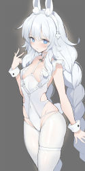 Rule 34 | 1girl, absurdres, animal ears, azur lane, bare shoulders, blue eyes, braid, breasts, closed mouth, clothing cutout, covered navel, diamond-shaped pupils, diamond (shape), fake animal ears, frilled leotard, frills, grey background, hairband, hand up, highleg, highleg leotard, highres, le malin (azur lane), le malin (listless lapin) (azur lane), leotard, long hair, looking at viewer, official alternate costume, pantyhose, rabbit ears, serin199, side cutout, simple background, skindentation, small breasts, solo, symbol-shaped pupils, thigh strap, thighs, twin braids, unfinished, v, very long hair, white hair, white leotard, white pantyhose, wrist cuffs