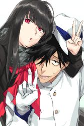 Rule 34 | 1boy, 1girl, black hair, couple, fate/grand order, fate (series), gloves, hair over one eye, hat, hetero, highres, jacket, japanese clothes, koha-ace, long hair, long sleeves, looking at viewer, on shoulder, one eye closed, open mouth, oryou (fate), red eyes, sakamoto ryouma (fate), scarf, sketch, smile, takuan (takuanlunch), type-moon, upper body, v, very long hair, white background, white gloves, white headwear