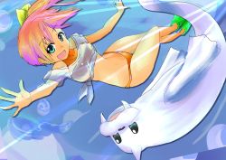 Rule 34 | 1girl, asymmetrical hair, bikini, blush, breasts, creatures (company), dewgong, game freak, gen 1 pokemon, green eyes, gym leader, highres, legs, looking at viewer, misty (pokemon), navel, nintendo, open mouth, orange hair, pokemon, pokemon (anime), pokemon (classic anime), pokemon (creature), ponytail, shirt, short hair, side ponytail, smile, swimsuit, underwater, water, white shirt