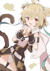 Rule 34 | 1girl, :d, absurdres, andira (granblue fantasy), animal ears, black dress, blonde hair, breasts, cleavage, commentary request, dress, dutch angle, erune, fur-trimmed legwear, fur trim, gazacy (dai), granblue fantasy, hands up, highres, leotard, looking at viewer, monkey ears, monkey girl, monkey tail, open mouth, own hands together, red eyes, simple background, small breasts, smile, solo, tail, thighhighs, two side up, white background, white leotard, wrist cuffs