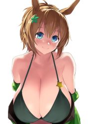 Rule 34 | 1girl, alternate breast size, animal ears, armband, bare shoulders, bikini, blue eyes, blush, breasts, closed mouth, collarbone, gen (black factory), green armband, hair between eyes, hair ornament, hanging breasts, highres, horse ears, huge breasts, light brown hair, looking at viewer, nose blush, simple background, smile, solo, star (symbol), star hair ornament, swimsuit, taiki shuttle (umamusume), umamusume, upper body, white background