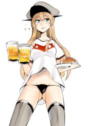 Rule 34 | 10s, 1girl, 2014 fifa world cup, alcohol, alternate costume, bad id, bad pixiv id, beer, bismarck (kancolle), black panties, blonde hair, blue eyes, food, germany, grey thighhighs, hat, kantai collection, long hair, lowleg, lowleg panties, navel, no pants, panties, peaked cap, shirt, soccer, soccer uniform, solo, sportswear, t-shirt, thighhighs, thong, topo (bacchustab), topo bevitore, underwear, white background, world cup