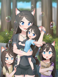 Rule 34 | 4girls, :d, absurdres, aina (mao lian), animal ear fluff, animal ears, between breasts, black bra, black hair, blue eyes, blue shirt, blurry, blurry background, blush, bra, bra peek, breasts, brown hair, blowing bubbles, cat ears, cat tail, child, cleavage, depth of field, grey shirt, highres, jewelry, long hair, mao lian (nekokao), miniskirt, mother and daughter, multiple girls, necklace, open mouth, original, pleated skirt, shirt, siblings, sisters, skirt, smile, soap bubbles, t-shirt, tail, tree, underwear