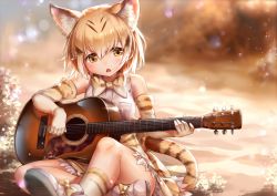 Rule 34 | 10s, 1girl, animal ears, bare shoulders, blonde hair, blurry, breasts, cat ears, chestnut mouth, cloud, depth of field, desert, elbow gloves, evening, fang, gloves, guitar, hair between eyes, holding, holding instrument, instrument, kemono friends, ks (xephyrks), looking at viewer, looking to the side, mewhan, multicolored hair, music, open mouth, outdoors, playing instrument, sand cat (kemono friends), shirt, short hair, sitting, small breasts, solo, streaked hair, tail, white shirt, yellow eyes
