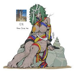 Rule 34 | 1girl, artist name, black sclera, colored sclera, full body, green hair, highres, looking at viewer, medium hair, monster girl, no feet, nude, open mouth, original, personification, plant girl, plant hair, rock, roots, simple background, sitting, solo, sparrowl, white background, white eyes