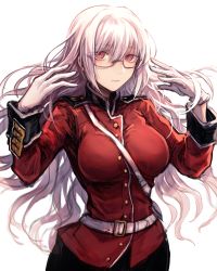 Rule 34 | 1girl, belt, bespectacled, black skirt, breasts, commentary request, fate/grand order, fate (series), florence nightingale (fate), glasses, gloves, highres, large breasts, long hair, looking at viewer, mephisto (angraecum), military, military uniform, pink-framed eyewear, pink hair, red eyes, semi-rimless eyewear, simple background, skirt, solo, under-rim eyewear, uniform, white background, white belt, white gloves