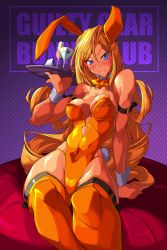 Rule 34 | 1girl, animal ears, blue eyes, blush, bow, bowtie, breasts, cleavage, cocktail glass, covered navel, cup, detached collar, drink, drinking glass, fake animal ears, food, fruit, guilty gear, highres, leotard, long hair, looking at viewer, medium breasts, millia rage, orange (fruit), orange leotard, orange thighhighs, playboy bunny, rabbit ears, rabbit tail, sitting, smile, solo, strapless, strapless leotard, tail, thighhighs, tray, waitress, wrist cuffs, yoshitsuki