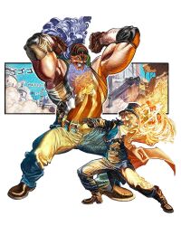 Rule 34 | 2boys, artist request, beard, blonde hair, boots, facial hair, fighting stance, fire, formal, full body, gloves, grey hair, hat, highres, jesus burgess, long hair, looking down, mask, multiple boys, muscular, muscular male, one piece, sabo (one piece), size difference, smile, source request, suit, teeth