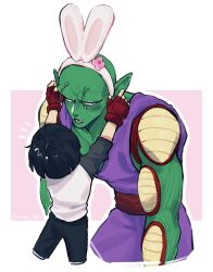 Rule 34 | 1boy, 1girl, absurdres, alien, animal ear hairband, animal ears, antennae, bald, black eyes, black hair, blush, collarbone, colored skin, cropped legs, dougi, dragon ball, dragon ball super, dragon ball super super hero, dressing another, embarrassed, fake animal ears, fingerless gloves, flower, gloves, green skin, hairband, highres, leaning forward, muscular, muscular male, namekian, notice lines, open mouth, pan (dragon ball), pants, piccolo, pointy ears, purple pants, purple shirt, rabbit ear hairband, rabbit ears, red gloves, shirt, sweatdrop, tall, vamos mk