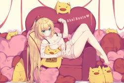 Rule 34 | 1girl, akai haato, aqua eyes, arm up, bare legs, barefoot, beige background, blonde hair, breasts, character name, cleavage, commentary request, couch, feet, haaton (akai haato), hair between eyes, hair ornament, hairclip, heart, heart hair ornament, heart-shaped pillow, high ponytail, highres, hololive, legs, long hair, long sleeves, lying, medium breasts, neps-l, on back, on couch, pig, pillow, ponytail, red ribbon, ribbed sweater, ribbon, simple background, sleeves past wrists, solo, stuffed animal, stuffed pig, stuffed toy, sweater, toenails, very long hair, virtual youtuber, white sweater