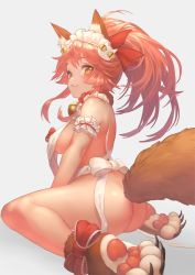 Rule 34 | 1girl, animal ear fluff, animal ears, animal hands, apron, ass, back, bare shoulders, bell, blush, bow, breasts, cat paws, claws, closed mouth, collar, fate/extra, fate/grand order, fate (series), fox ears, fox tail, hair between eyes, hair bow, highres, jingle bell, legs, long hair, looking at viewer, looking back, maid headdress, medium breasts, naked apron, neck bell, otsukemono, paw shoes, pink hair, ponytail, red bow, shoes, sideboob, sidelocks, simple background, sitting, smile, solo, tail, tamamo (fate), tamamo cat (fate), tamamo cat (third ascension) (fate), thighs, wariza