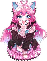Rule 34 | 1girl, ahoge, animal ears, blue eyes, blue nails, blush, bow, commentary request, cunnilingus gesture, dot nose, fangs, fukumaaya, hair between eyes, hair bow, highres, indie virtual youtuber, layered skirt, long hair, long sleeves, looking at viewer, nail polish, off shoulder, open mouth, pink hair, pink skirt, sidelocks, skirt, sleeves past wrists, snuffy (vtuber), snuffy (vtuber) (old design), solo, thick eyebrows, tongue, tongue out, upper body, v, virtual youtuber