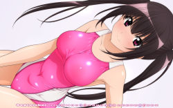 Rule 34 | 1girl, black hair, breasts, calendar (medium), collarbone, commentary request, competition swimsuit, covered navel, cowboy shot, grey background, highres, leaning forward, long hair, looking at viewer, medium breasts, one-piece swimsuit, original, pink one-piece swimsuit, purple eyes, sideways, simple background, smile, solo, sugimura tomokazu, swimsuit, twintails, wallpaper