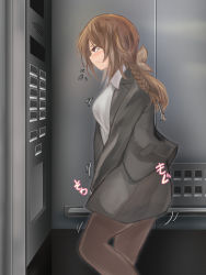 Rule 34 | 1girl, absurdres, between legs, black jacket, black pantyhose, black skirt, blush, braid, breasts, brown eyes, brown hair, brown ribbon, closed mouth, collared shirt, elevator, embarrassed, female focus, flying sweatdrops, formal, from side, hair ribbon, half-closed eyes, hand between legs, have to pee, highres, indoors, jacket, large breasts, long hair, long sleeves, miniskirt, motion lines, open clothes, open jacket, original, pantyhose, pencil skirt, pocket, profile, ribbon, shirt, sidelocks, sideways mouth, skirt, skirt suit, solo, standing, suit, sweat, v arms, watakarashi, white shirt
