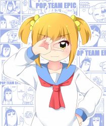 Rule 34 | 10s, 1girl, :3, blonde hair, blue sailor collar, blush, commentary, copyright name, english commentary, hair ornament, hair scrunchie, hand on own hip, hand up, highres, ikazu401, looking at viewer, necktie, one eye covered, pipimi, poptepipic, popuko, red necktie, sailor collar, scrunchie, shirt, smile, smug, solo, two side up, upper body, v, v over eye, white shirt, yellow eyes