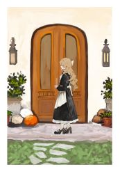 Rule 34 | 1girl, absurdres, apron, black dress, black footwear, blonde hair, border, bow, brown eyes, closed mouth, door, dress, frilled dress, frills, from side, full body, grass, hair bow, haru (ririne9999rine), high heels, highres, kirisame marisa, lantern, long hair, long sleeves, plant, potted plant, shoes, solo, standing, touhou, white apron, white border, white bow