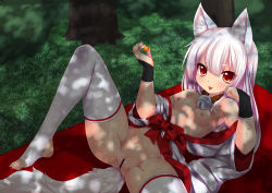 Rule 34 | 1girl, albino, animal ears, bell, blanket, breasts, bridal gauntlets, censored, cleft of venus, collar, dappled sunlight, forest, fox ears, fox tail, japanese clothes, kimono, long hair, looking at viewer, lying, nature, neck bell, nipples, nude, on back, open clothes, open kimono, original, pussy, red eyes, sash, small breasts, solo, spread legs, sunlight, tail, thighhighs, tongue, tongue out, white hair, white thighhighs, wolflong