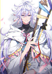 Rule 34 | 1boy, absurdres, ahoge, bishounen, c.reo, center frills, eyebrows, fate/grand order, fate (series), flower knot, frills, hair between eyes, hair ornament, highres, holding, holding staff, holding weapon, hood, hood down, hooded robe, huge filesize, long hair, long sleeves, looking at viewer, male focus, merlin (fate), multicolored hair, pink ribbon, purple eyes, ribbon, robe, simple background, smile, solo, staff, tassel, turtleneck, two-tone hair, upper body, very long hair, weapon, white background, white hair, white robe, wide sleeves