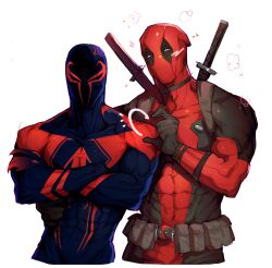 Rule 34 | 2boys, abs, absurdres, anger vein, arm around waist, belt, belt pouch, black bodysuit, black gloves, blue bodysuit, blush, bodysuit, commentary, crossed arms, deadpool, deadpool (series), gloves, heart hands failure, highres, jv0202021, male focus, marvel, mask, multiple boys, muscular, muscular male, pouch, red bodysuit, red mask, simple background, skin tight, spider-man: across the spider-verse, spider-man (2099), spider-man (series), spider-verse, superhero costume, sword, symbol-only commentary, two-tone bodysuit, upper body, weapon, weapon on back, white background