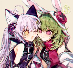 Rule 34 | 2girls, ahoge, animal ears, black dress, blush, cat ears, cheek-to-cheek, closed mouth, dress, eiruby (forever 7th capital), forever 7th capital, green hair, heads together, hood, hood up, hoodie, long hair, medium hair, mila (forever 7th capital), multiple girls, one eye closed, open mouth, pink eyes, pink scarf, purple dress, rabbit ears, sapphire (nine), scarf, sleeveless, sleeveless dress, smile, twintails, very long hair, white hair, white hoodie, yellow eyes