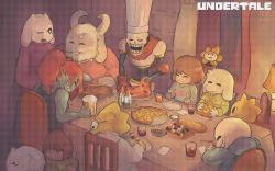 Rule 34 | 3girls, 4boys, :d, ^ ^, alcohol, alphys, androgynous, animal ears, annoying dog, armor, asgore dreemurr, asriel dreemurr, bad end, baguette, beard, beer, blonde hair, blush stickers, bread, brown hair, caribun, chara (undertale), chef hat, closed eyes, copyright name, crossed out, dinner, dog, eating, english text, everyone, facial hair, flowey (undertale), food, frisk (undertale), furry, goat ears, grin, hat, highres, hood, hoodie, horns, kebab, littlebigkid2000, monster boy, monster girl, monster kid (undertale), multiple boys, multiple girls, napkin, one eye closed, open mouth, oven mitts, papyrus (undertale), pasta, pie, pizza, ponytail, red eyes, red hair, sans (undertale), scarf, shirt, sitting, skewer, smile, spaghetti, spoilers, striped clothes, striped shirt, sweater, third-party edit, thumbnail surprise, time paradox, tongs, toriel, under table, undertale, undyne