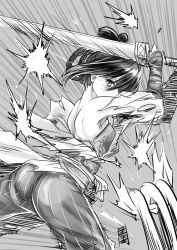 Rule 34 | 1girl, antaria, ass, black hair, blush, chinese clothes, dudou, earrings, greyscale, jewelry, monochrome, signature, solo, sword, weapon
