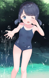 Rule 34 | 1girl, arm up, armpits, black hair, blue eyes, blue one-piece swimsuit, commentary request, competition school swimsuit, covered navel, covering one eye, groin, highres, long hair, looking at viewer, low twintails, makigai, makino yuna, one-piece swimsuit, one eye closed, open mouth, original, outdoors, school swimsuit, smile, solo, splashing, swimsuit, thighs, twintails, wading, water