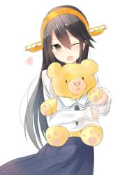 Rule 34 | 10s, 1girl, alternate costume, anchor symbol, bear, black hair, blue skirt, blush, cowboy shot, doll, eyebrows, hair between eyes, hair ornament, hairclip, haruna (kancolle), headgear, holding, holding doll, holding stuffed toy, kantai collection, long hair, looking at viewer, one eye closed, open mouth, sailor collar, simple background, skirt, smile, solo, stuffed animal, stuffed toy, white background, yellow eyes, yuki (yukin0128)