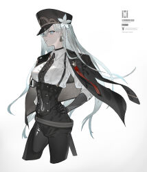 Rule 34 | 1girl, also sprach zarathustra (neco), black corset, black hat, black jacket, black necktie, black pants, blue eyes, breasts, commentary, corset, cropped legs, earrings, flower, gloves, grey hair, hand on own hip, hat, hat flower, highres, jacket, jacket on shoulders, jewelry, long hair, looking at viewer, medium breasts, necktie, neco, pants, parted lips, peaked cap, s (neco), shirt, simple background, solo, standing, suspenders, underbust, very long hair, white background, white shirt