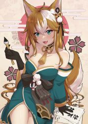 Rule 34 | 1girl, :d, ahoge, animal ear fluff, animal ears, arm behind back, bare shoulders, breasts, brown hair, cleavage, commentary, crossed bangs, crossed legs, detached collar, dog ears, dog girl, dog tail, dress, fang, genshin impact, green eyes, hair between eyes, hair ornament, hina (genshin impact), holding, holding brush, japanese clothes, kimono, large breasts, multicolored hair, off shoulder, open mouth, paintbrush, paper, runeko, signature, sitting, smile, solo, strapless, strapless dress, streaked hair, tail, tassel, thigh gap, two-tone hair, white hair