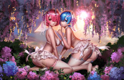 Rule 34 | 2girls, all fours, ass, bare shoulders, blue eyes, blue flower, blue hair, bra, breasts, bridal lingerie, bridal veil, bride, choker, closed mouth, day, eyes visible through hair, female focus, finger to mouth, flower, flower knot, garter straps, grey footwear, hair ornament, hair over one eye, hairclip, high heels, highres, index finger raised, kneeling, large breasts, layered skirt, lens flare, liang xing, lingerie, looking at viewer, matching hair/eyes, miniskirt, multiple girls, outdoors, panties, parted lips, pink flower, pink hair, plant, purple ribbon, ram (re:zero), re:zero kara hajimeru isekai seikatsu, red eyes, rem (re:zero), ribbon, short hair, shushing, siblings, sisters, skindentation, skirt, smile, sunlight, thighhighs, twins, underwear, underwear only, upskirt, veil, white bra, white choker, white legwear, white panties, white skirt, white thighhighs, wisteria, x hair ornament