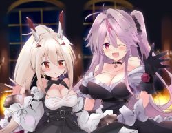 Rule 34 | 2girls, ;d, alternate costume, ayanami (azur lane), ayanami (nightfall raiment) (azur lane), azur lane, bare shoulders, black dress, black gloves, blush, breasts, choker, cleavage, collarbone, commentary request, detached sleeves, dress, formal, gloves, grenville (azur lane), hair between eyes, hair ornament, hairclip, headgear, highres, long hair, looking at viewer, multicolored hair, multiple girls, one eye closed, one side up, open mouth, parted lips, ponytail, purple eyes, red eyes, retrofit (azur lane), sidelocks, silver hair, smile, strapless, strapless dress, streaked hair, tonchinkan, two-tone hair, waving, wide sleeves