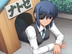 Rule 34 | 00s, 1girl, arched back, blue eyes, blue hair, brooch, bush, buttons, character name, cross, crossdressing, crossed arms, day, doghouse, dress shirt, dutch angle, eyepatch, game cg, greek cross, hair between eyes, jewelry, kimi ga aruji de shitsuji ga ore de, looking at viewer, lying, matching hair/eyes, natose, necktie, on ground, on stomach, outdoors, shironeko sanbou, shirt, short hair, sidelocks, sign, smile, solo, tomboy, waistcoat, what